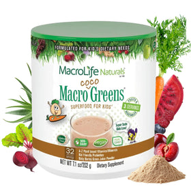 Poudre superaliment Macrococo Greens pour enfants 272g chocolat vue de face
