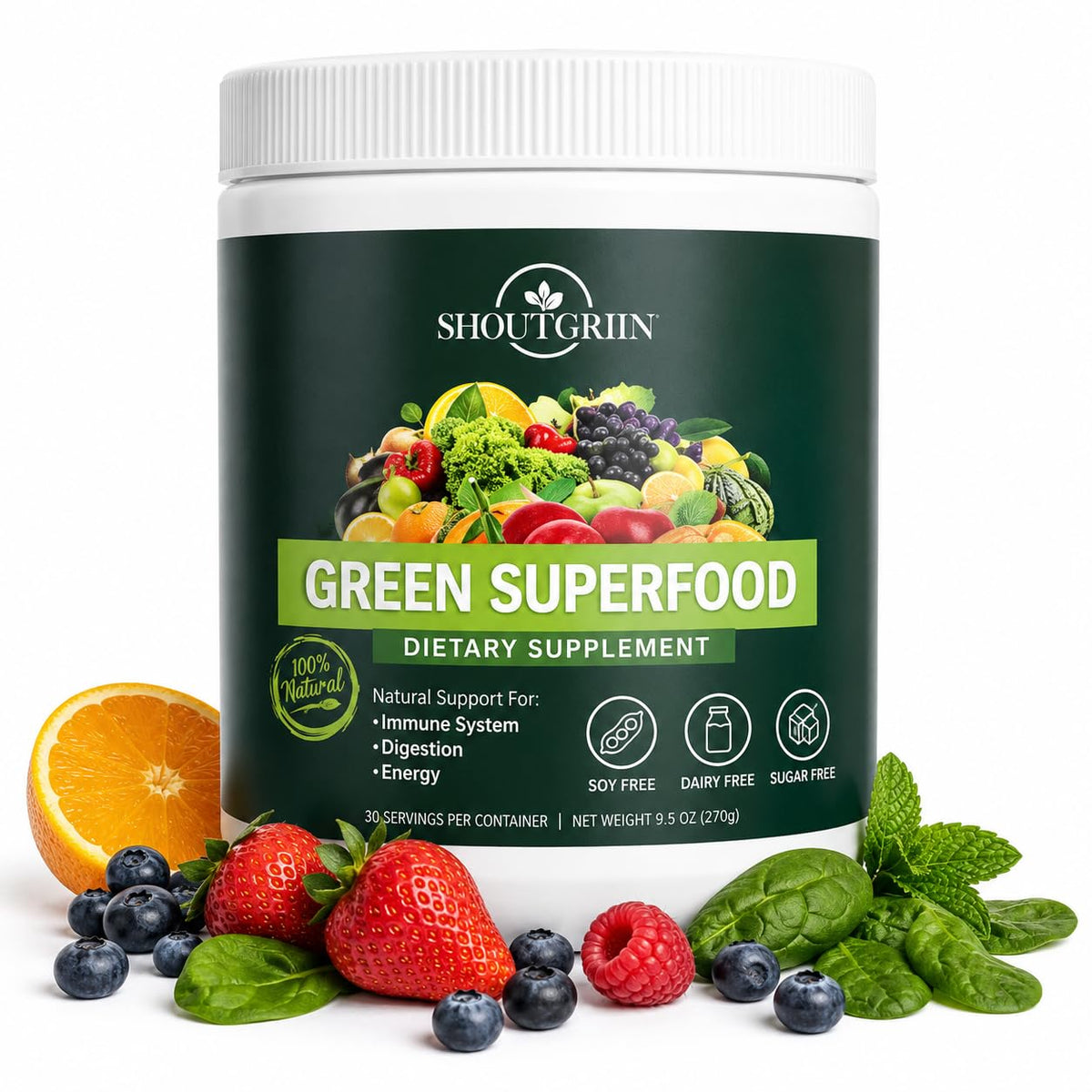 Poudre Superaliment Vert SHOUTGRIIN 372g vue de face