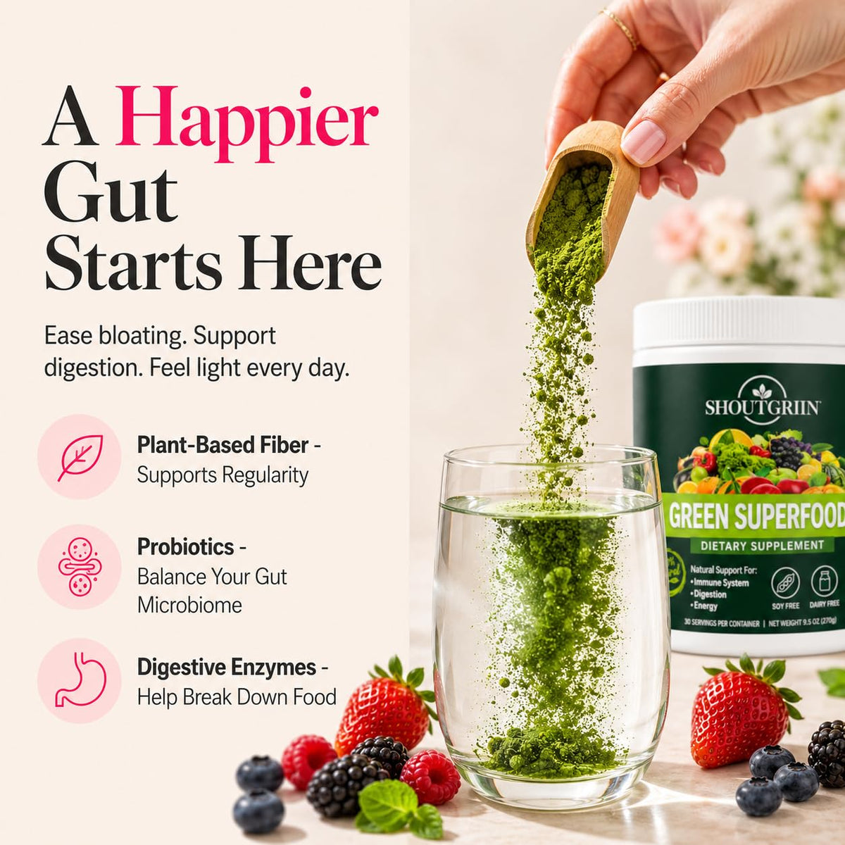 Poudre Superaliment Vert SHOUTGRIIN avec smoothie