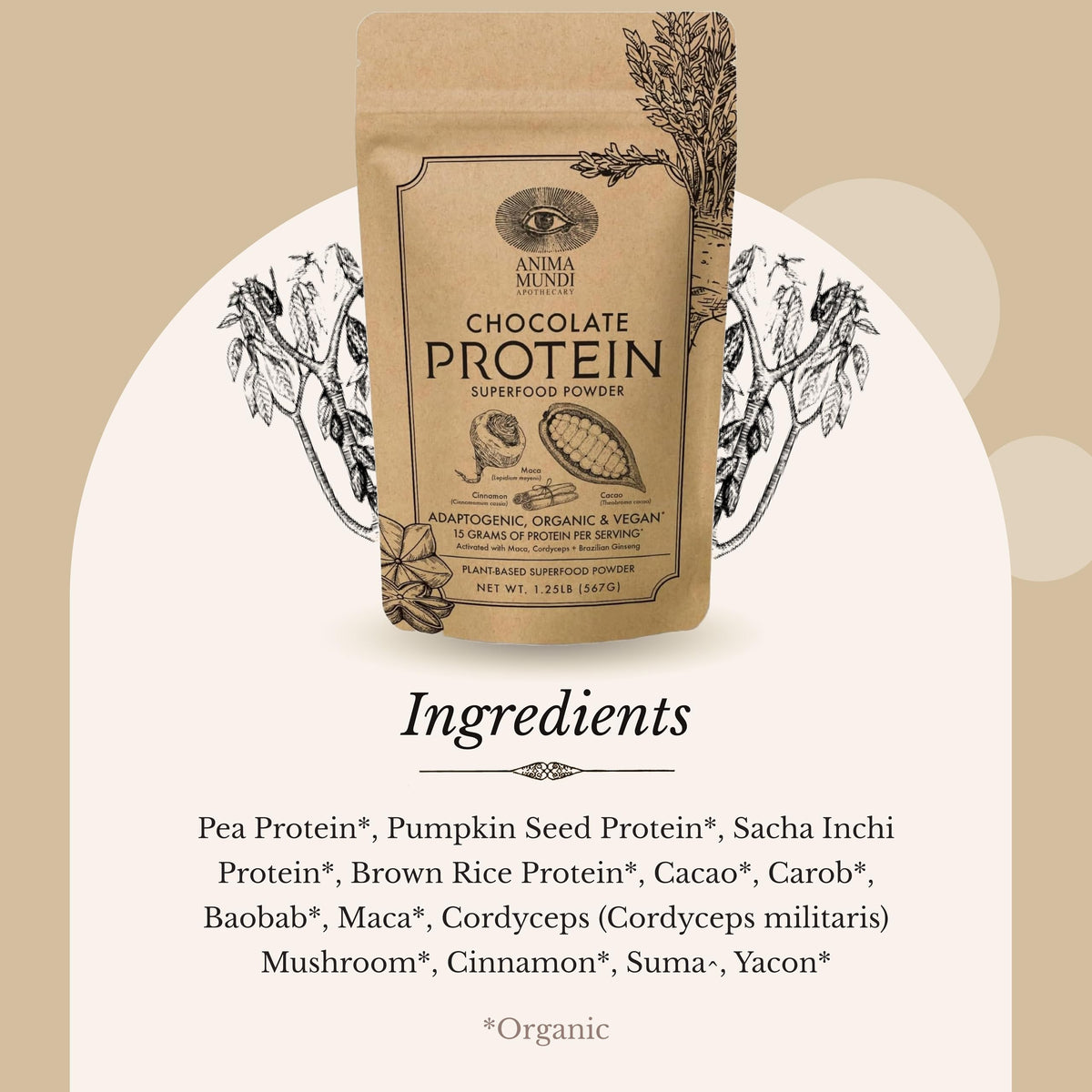 Poudre superfood Anima Mundi Qi Énergie sur un fond naturel
