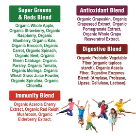 Poudre Superfood Enfants Greens + Reds de Peak Performance sur une table