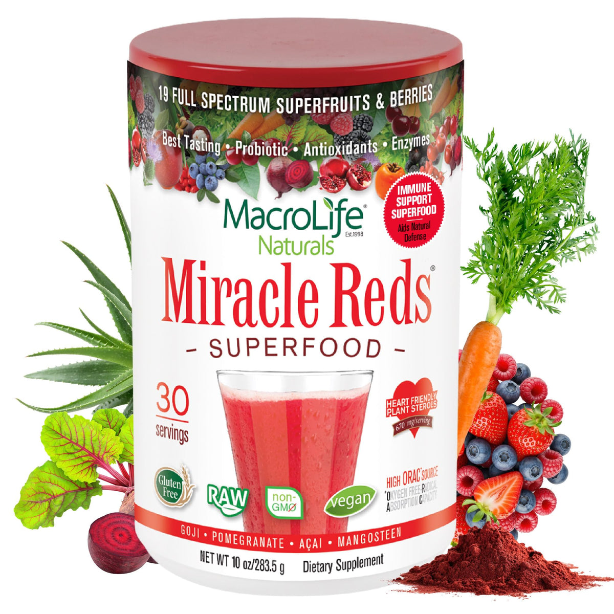 Poudre superfood Miracle Reds de MacroLife Naturals, vue de face