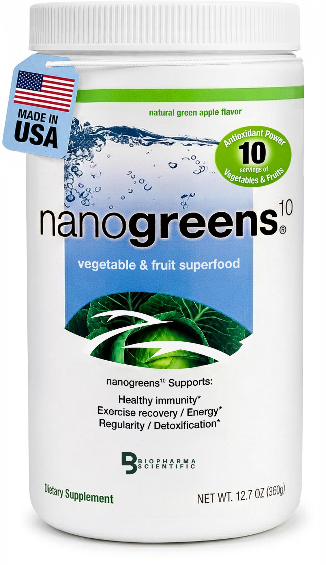 Poudre superfood NanoGreens de Biopharma Scientific, vue de face