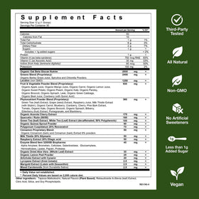 Poudre superfood NanoGreens sur une cuillère, texture visible