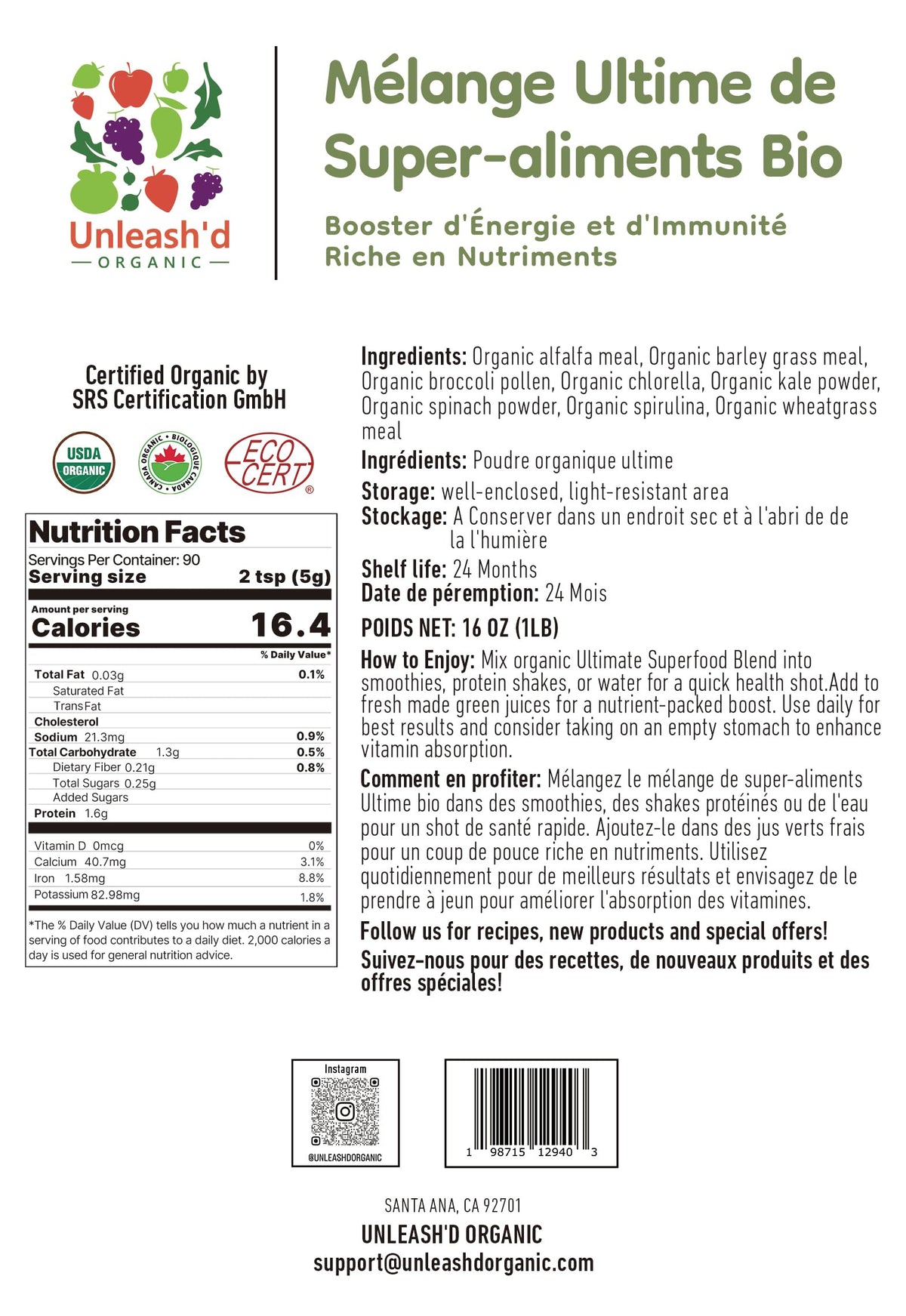 Poudre Superfood Ultime Bio 'D ORGANIC vue arrière