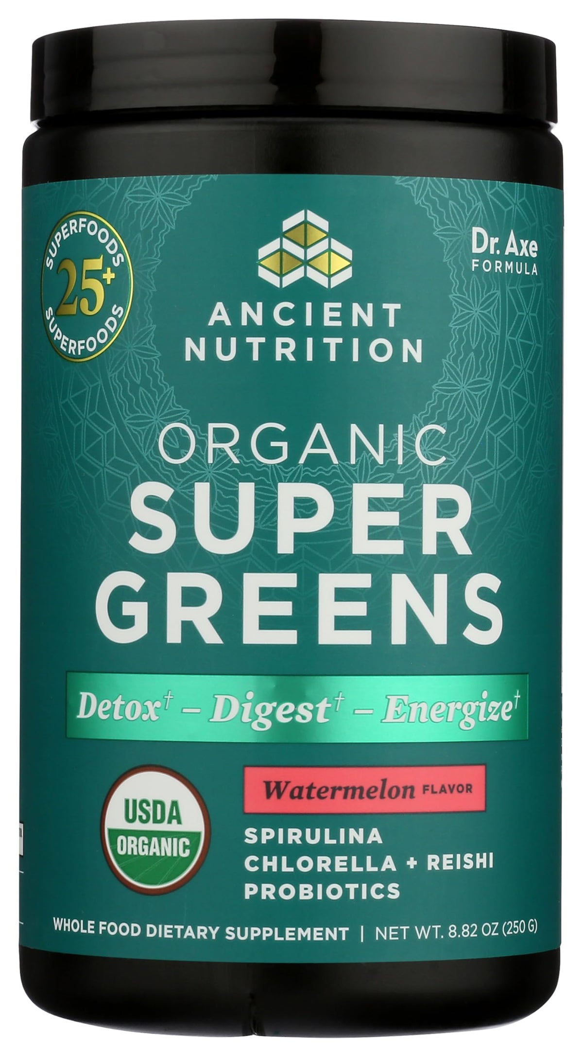 Poudre SuperGreens Bio Ancient Nutrition en pot de 331g avec étiquette menthe