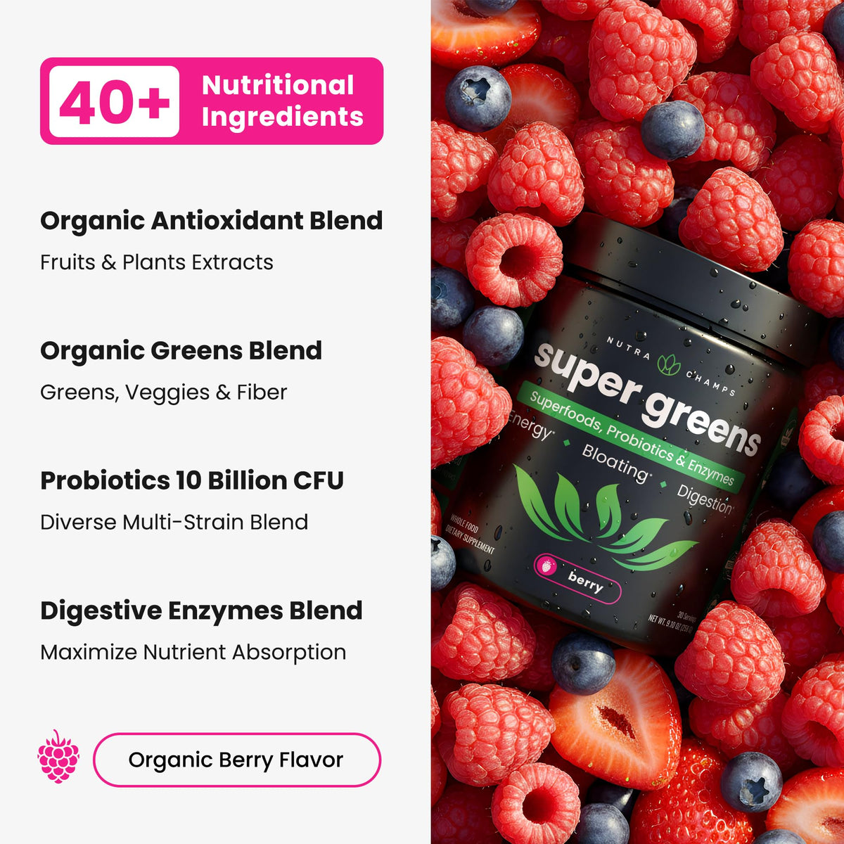 Poudre SuperGreens NutraChamps avec cuillère à mesurer