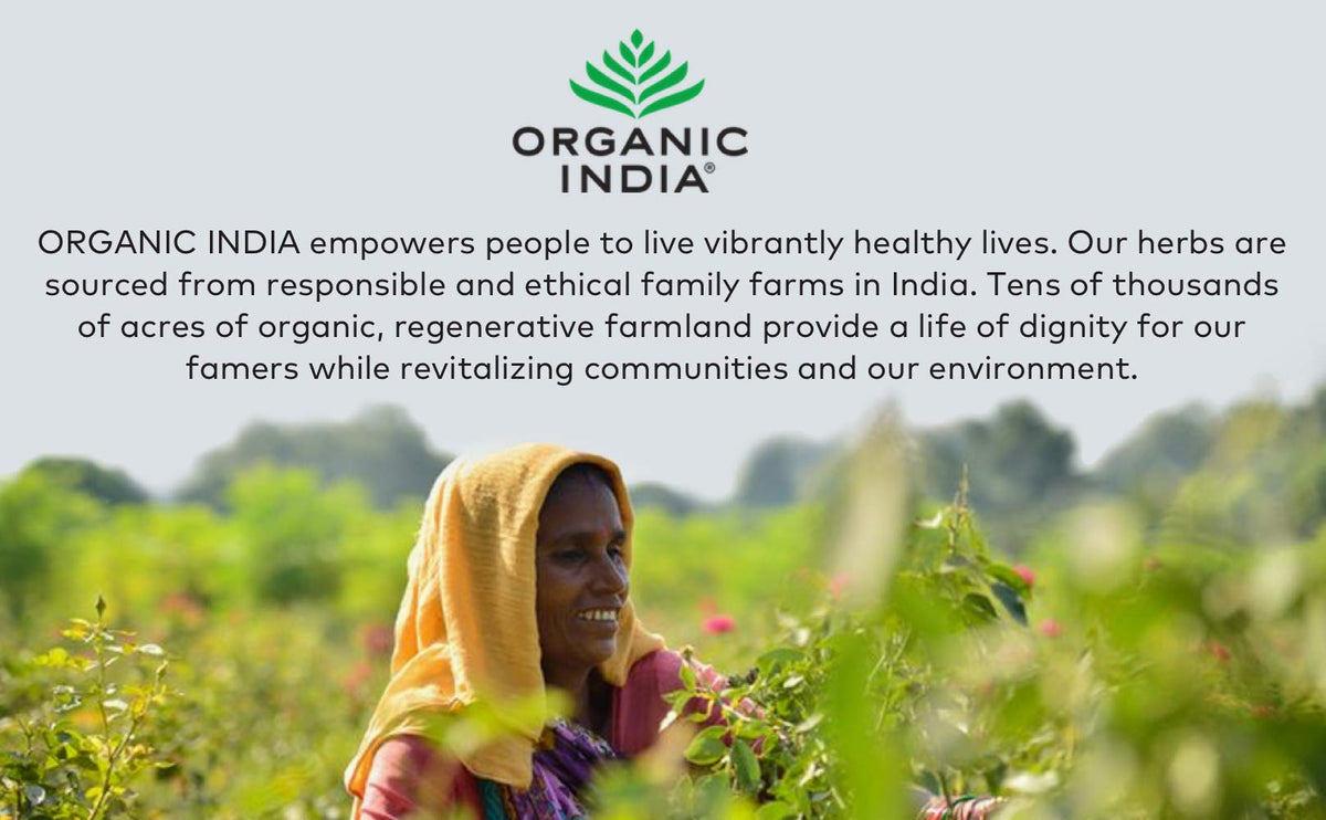 Poudre Triphala ORGANIC INDIA versée dans une cuillère
