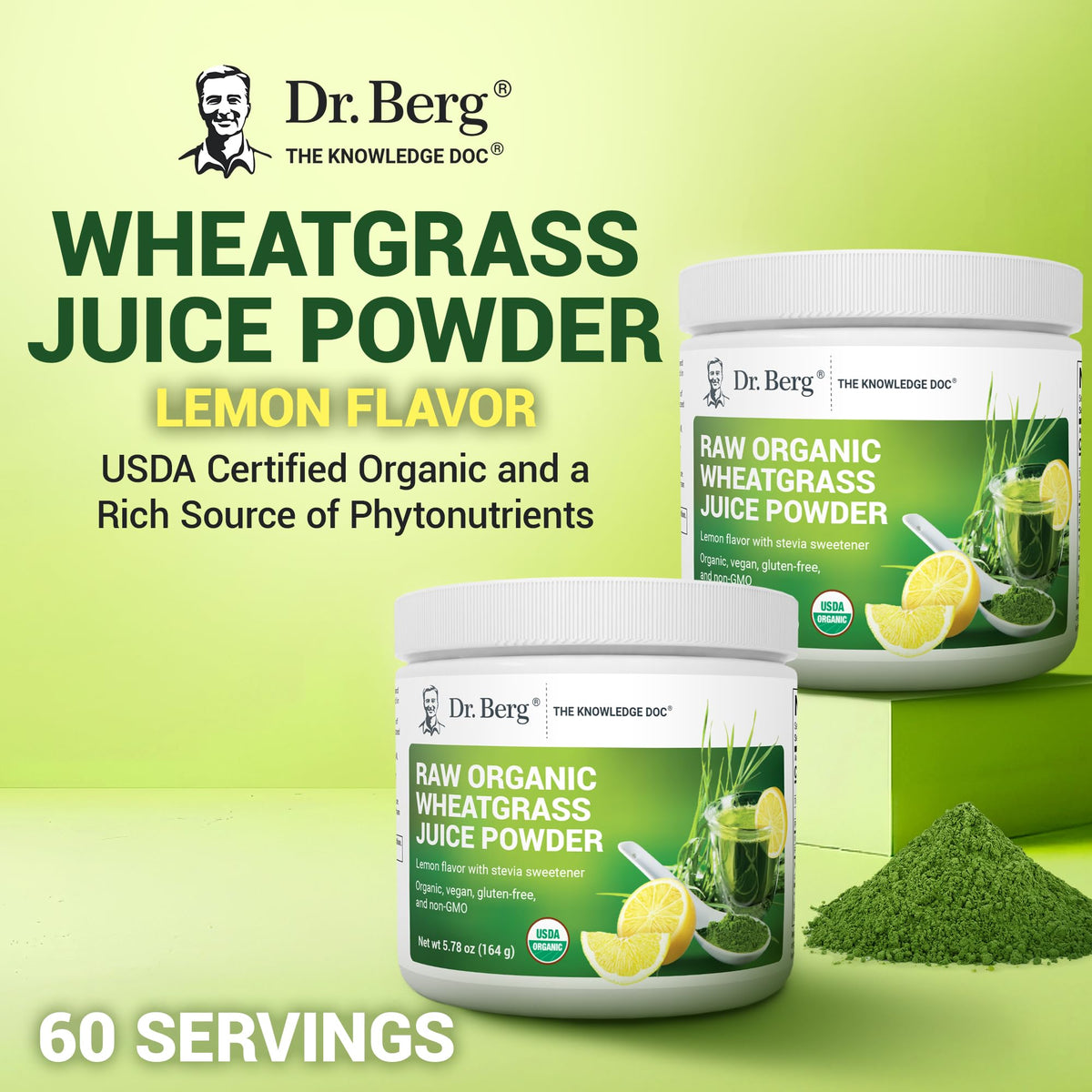 Poudre verte bio Dr. Berg avec des ingrédients naturels autour