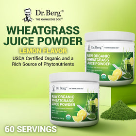 Poudre verte bio Dr. Berg avec des ingrédients naturels autour