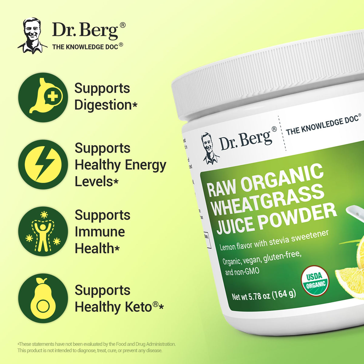 Poudre verte bio Dr. Berg versée dans un verre