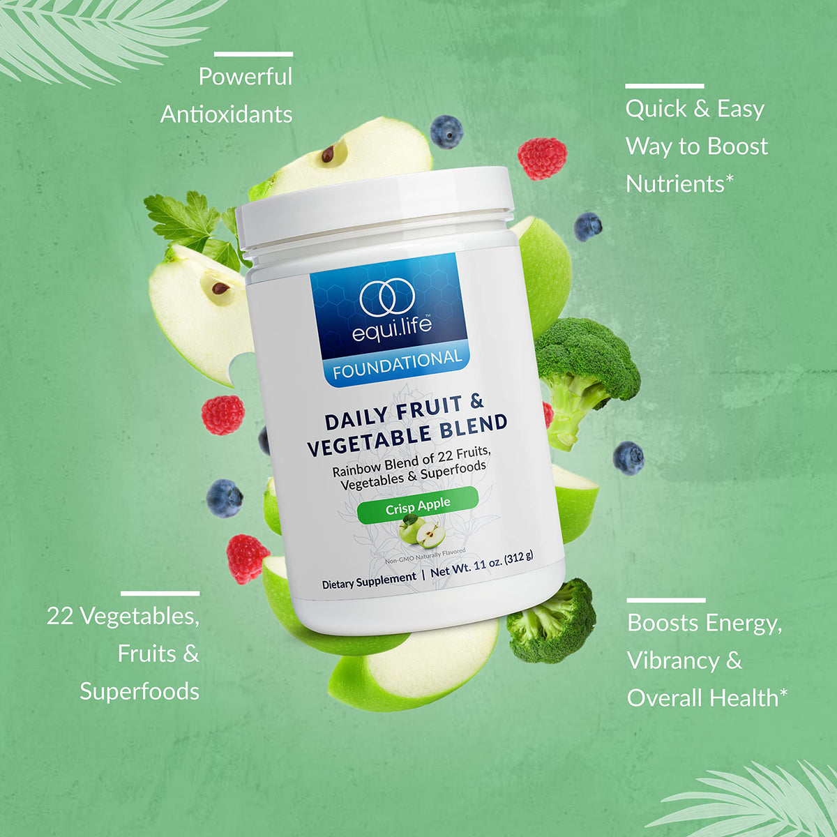 Poudre verte Equilife mélangée avec un smoothie