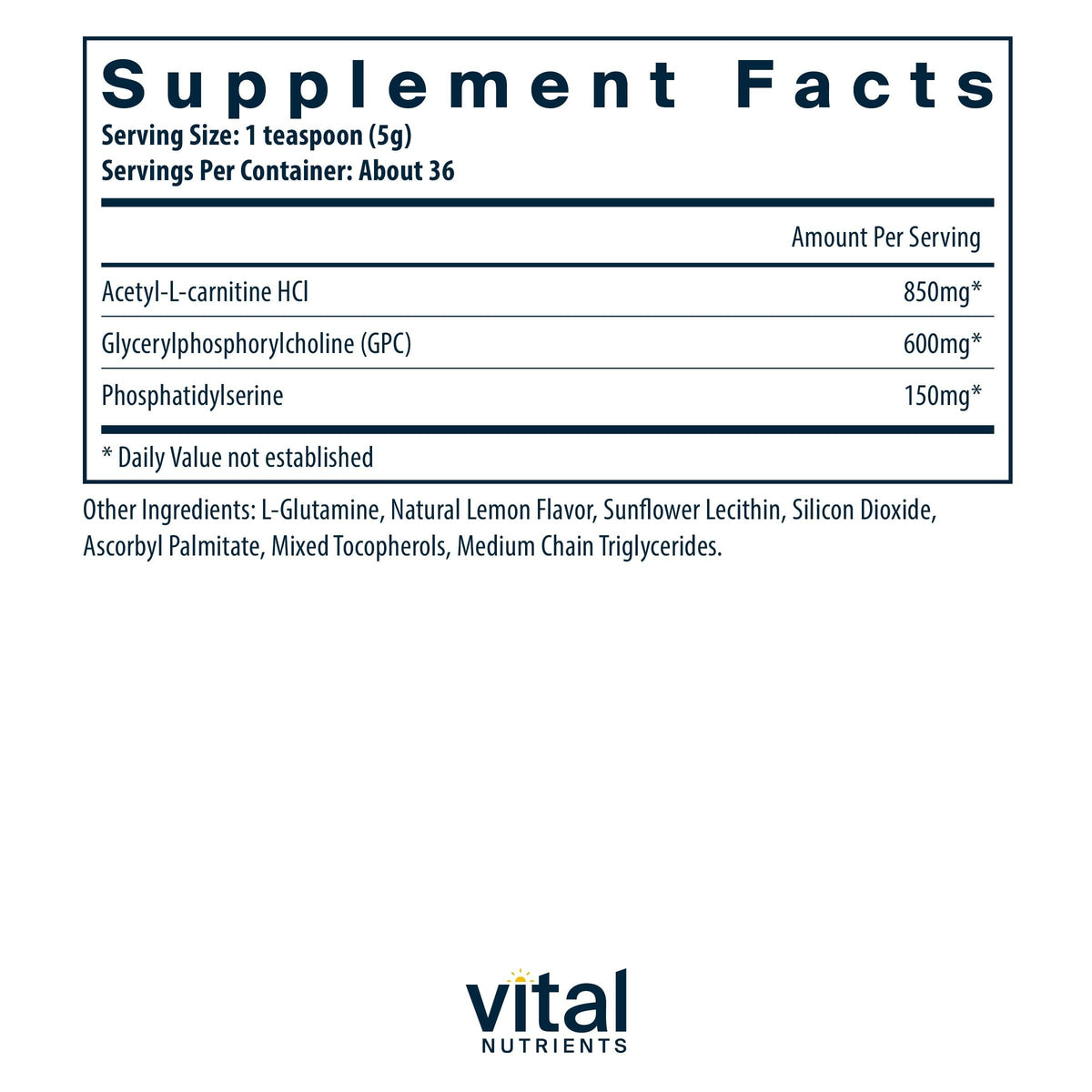 Poudre Vitale pour le Cerveau Vital Nutrients 150g, étiquette et ingrédients