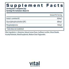 Poudre Vitale pour le Cerveau Vital Nutrients 150g, étiquette et ingrédients