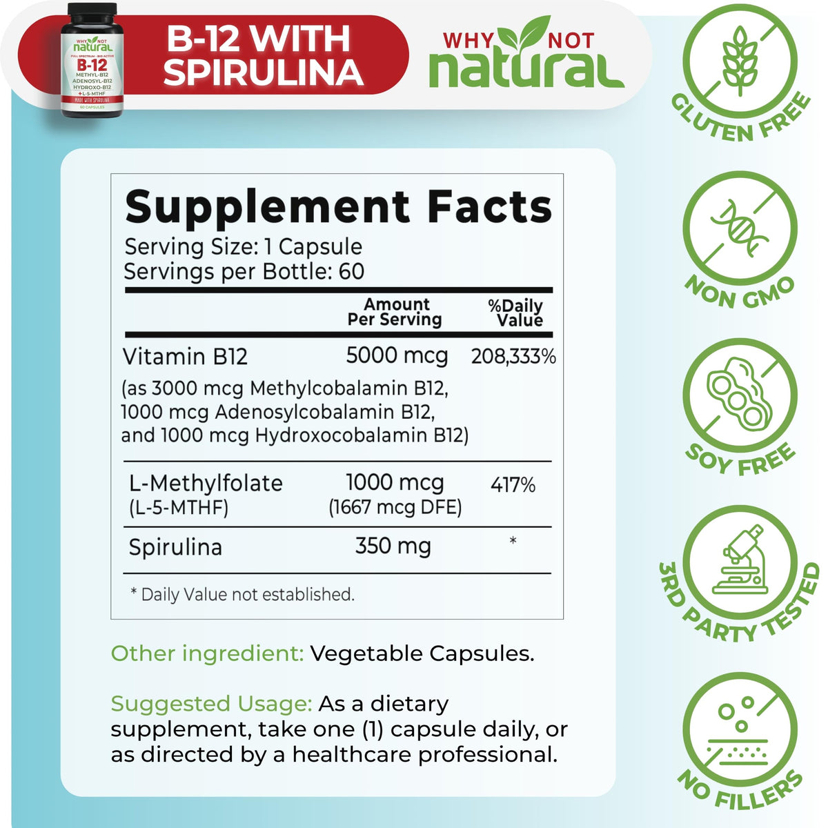 Pourquoi pas naturel Vitamine B12 5000 mcg avec spiruline