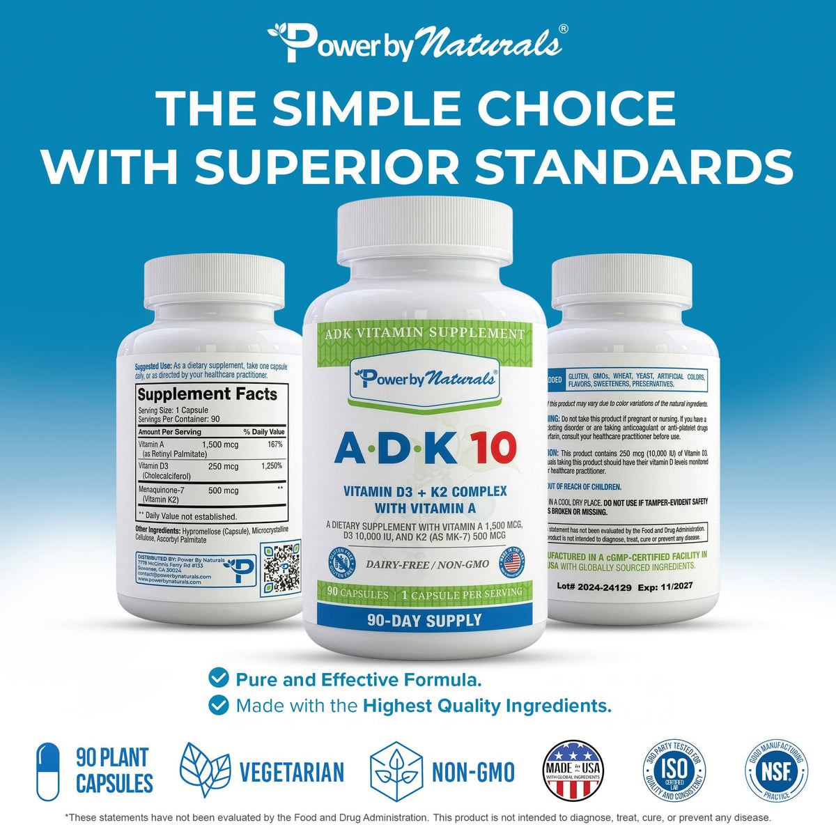 Power By Naturals ADK 10 capsules sur un fond en bois
