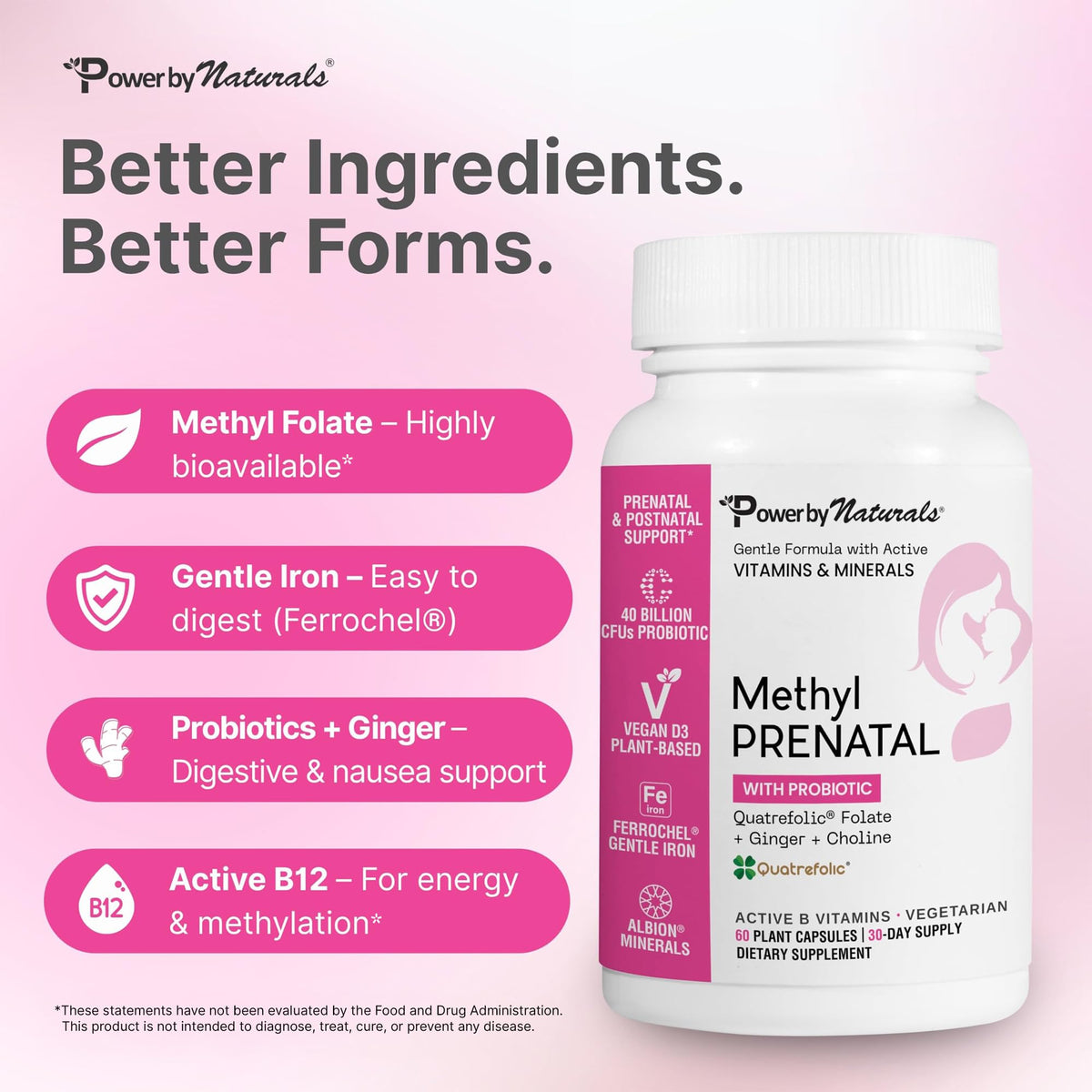 Power By Naturals Methyl Prenatal capsules close-up