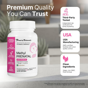 Power By Naturals Methyl Prenatal capsules on a table
