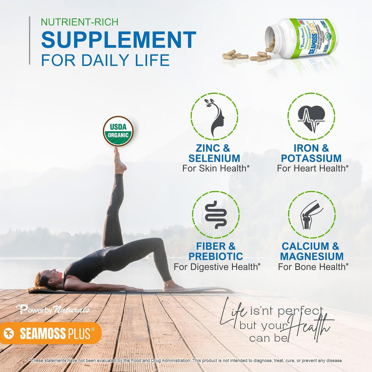 Power By Naturals Sea Moss Plus capsules sur un fond blanc