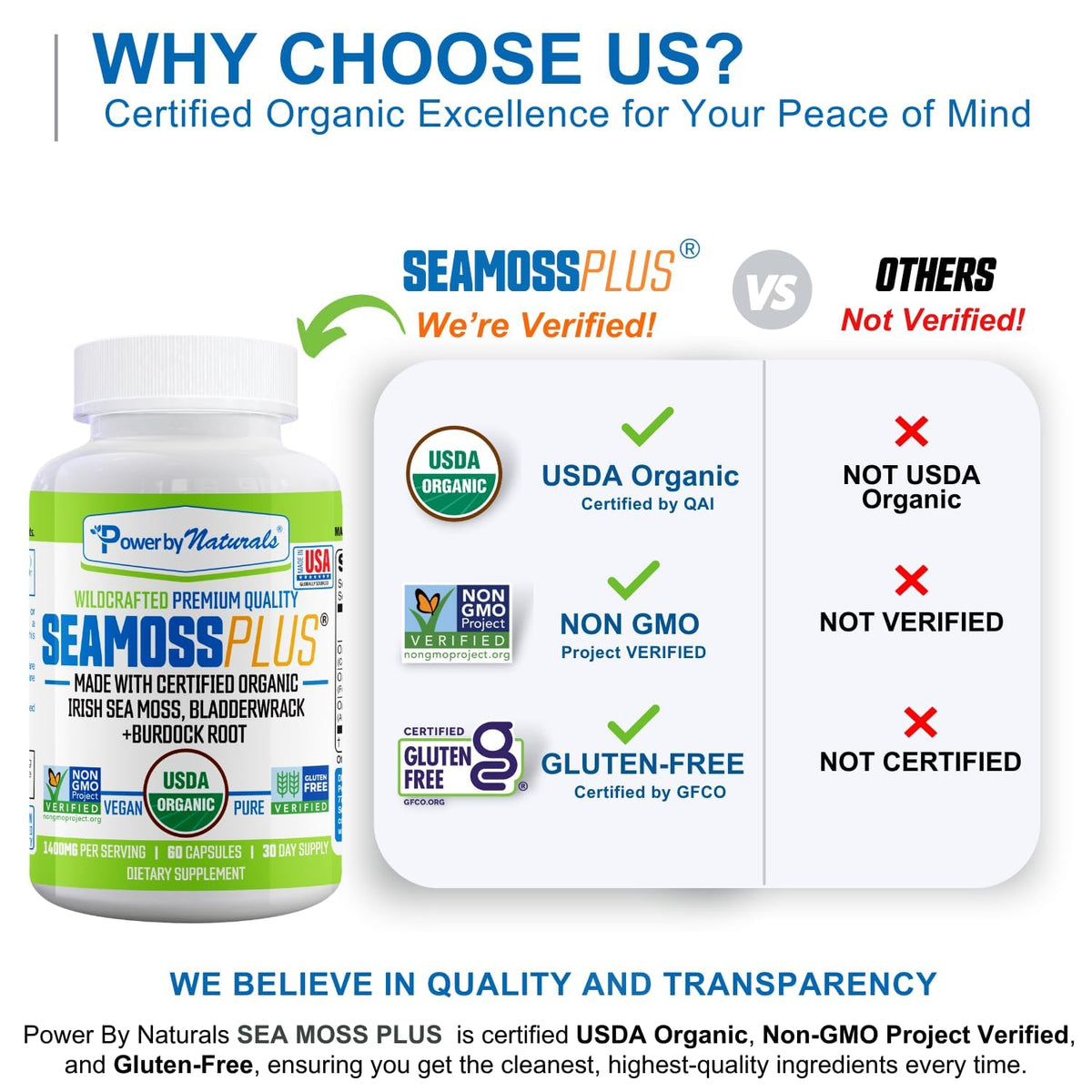 Power By Naturals Sea Moss Plus capsules sur une table en bois