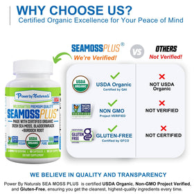 Power By Naturals Sea Moss Plus capsules sur une table en bois