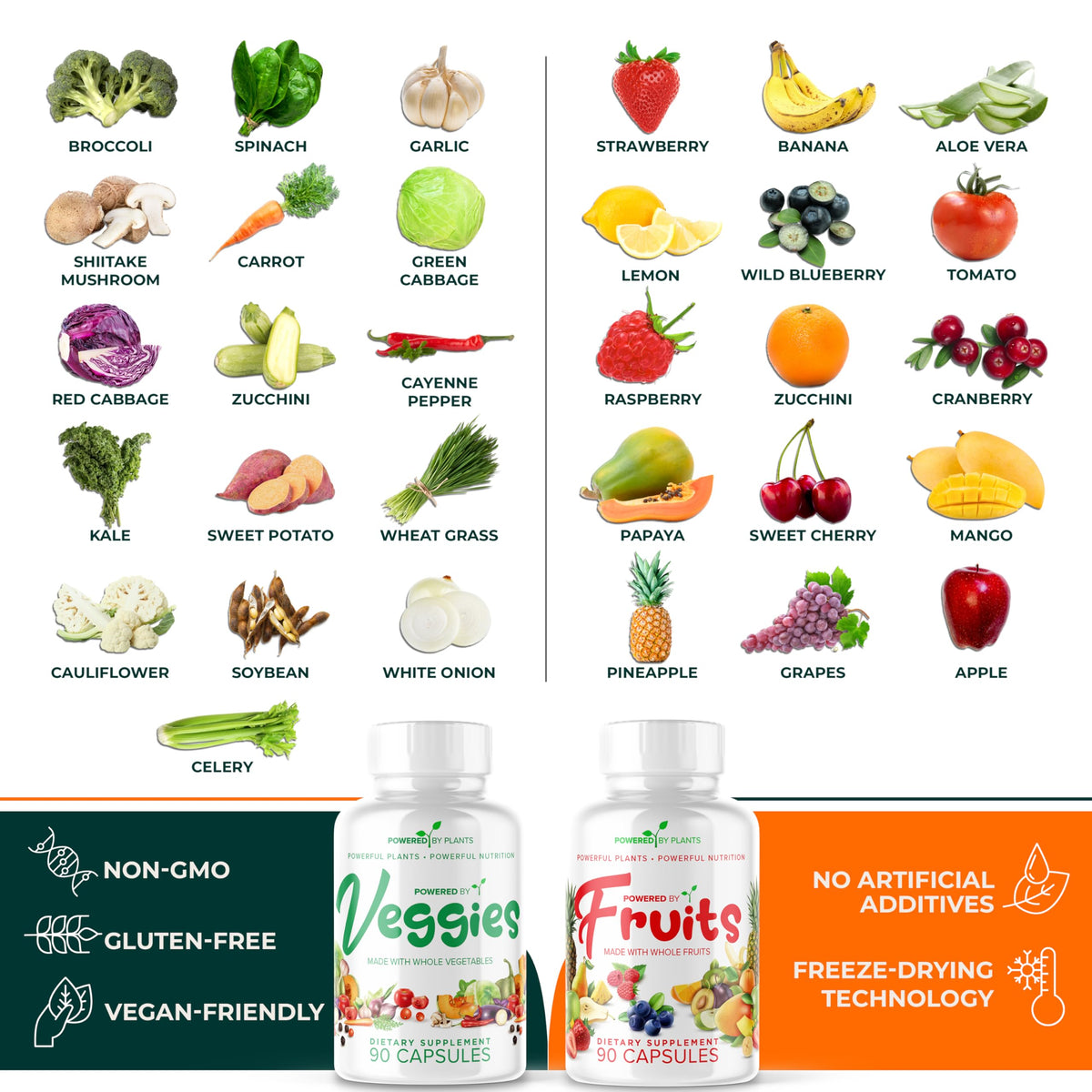 POWERED X PLANTS Capsules de Fruits et Légumes avec fruits frais en arrière-plan