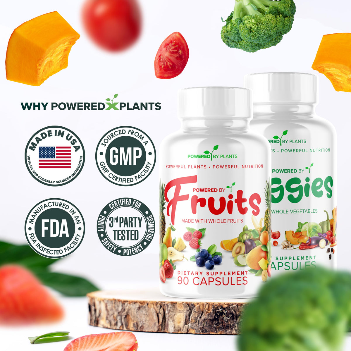 POWERED X PLANTS Capsules de Fruits et Légumes mettant en avant les ingrédients
