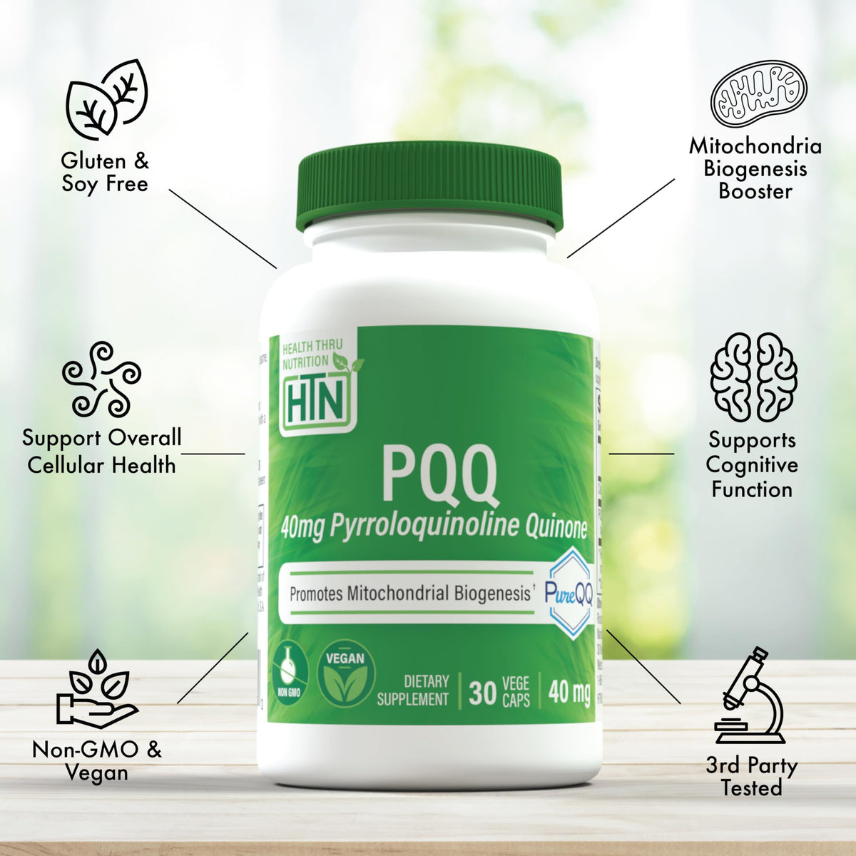 PQQ 40mg Health Thru Nutrition capsules dans la main
