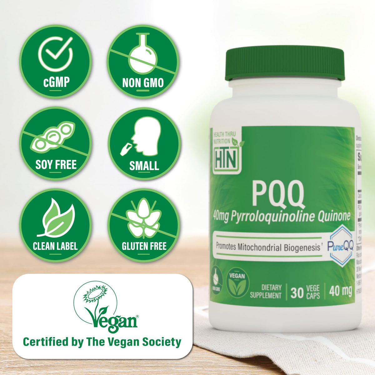 PQQ 40mg Health Thru Nutrition étiquette avec ingrédients