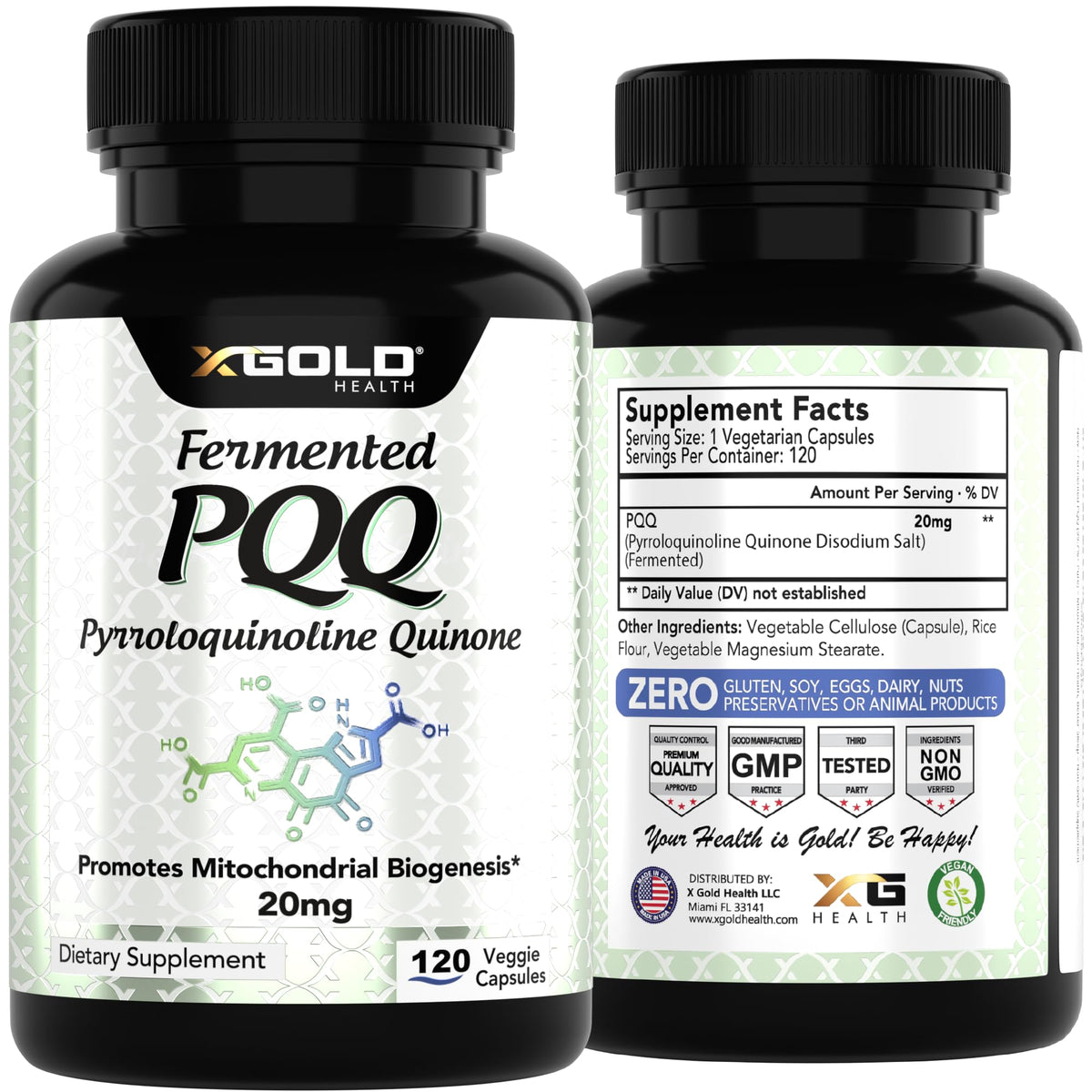 PQQ fermenté X Gold Health avec capsules sur une table