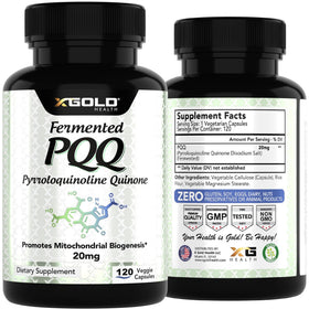 PQQ fermenté X Gold Health avec capsules sur une table