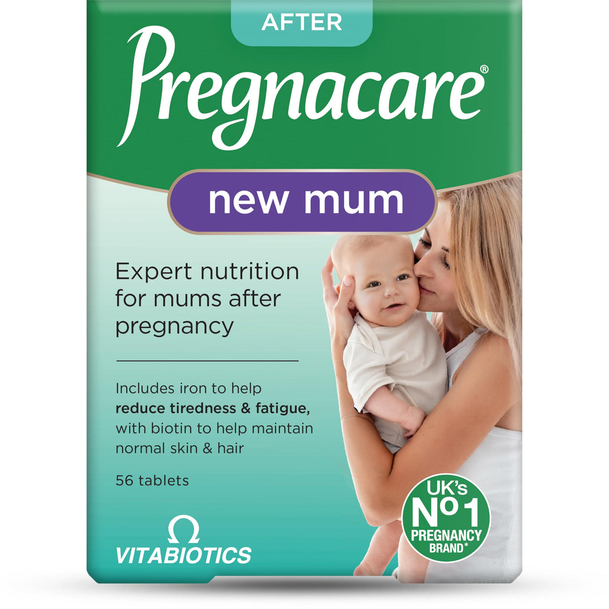 Pregnacare 56 tablettes postnatales devant un fond neutre