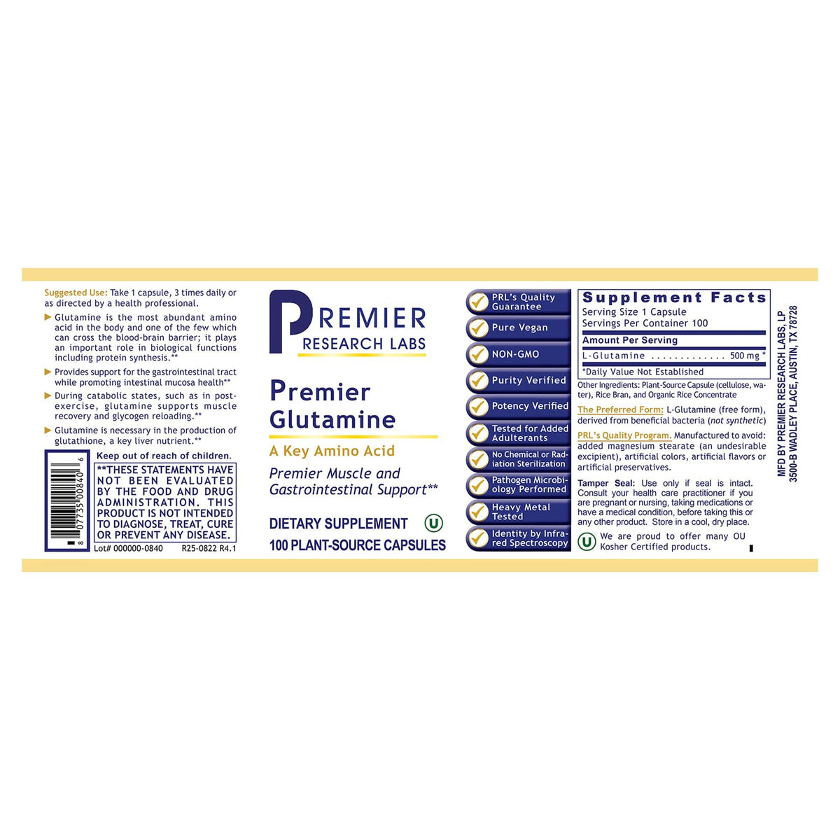 Premier Glutamine 100 capsules avec étiquette
