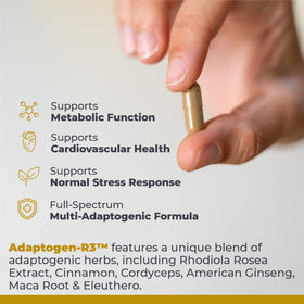 Premier Research Labs Adaptogen-R3 produit avec arrière-plan naturel