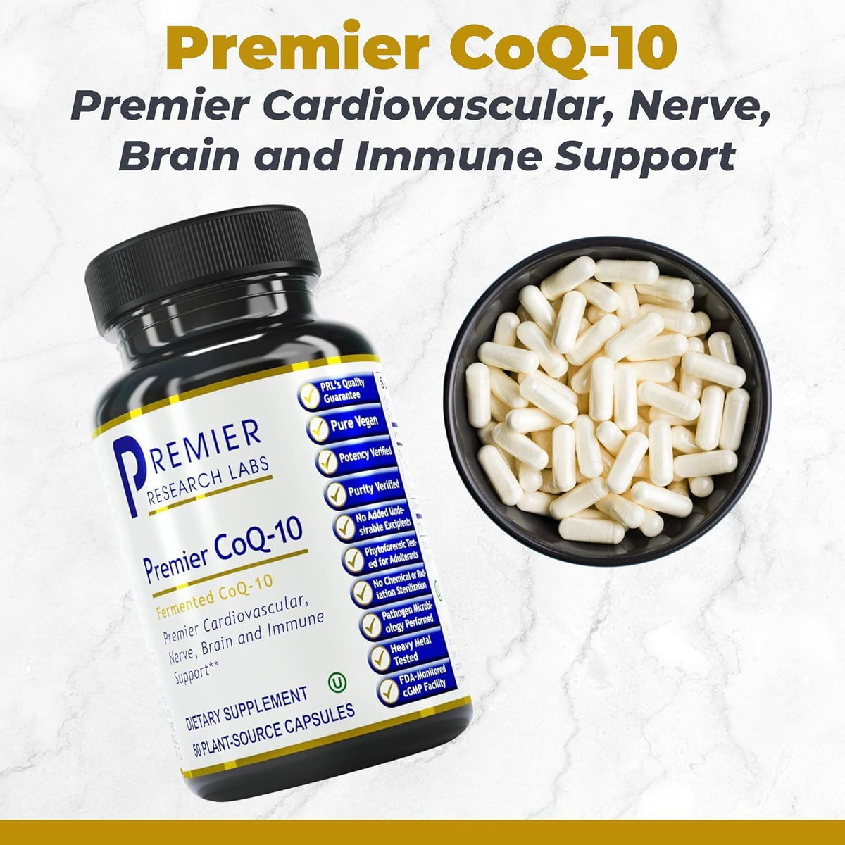 Premier Research Labs CoQ10 100mg capsules side view