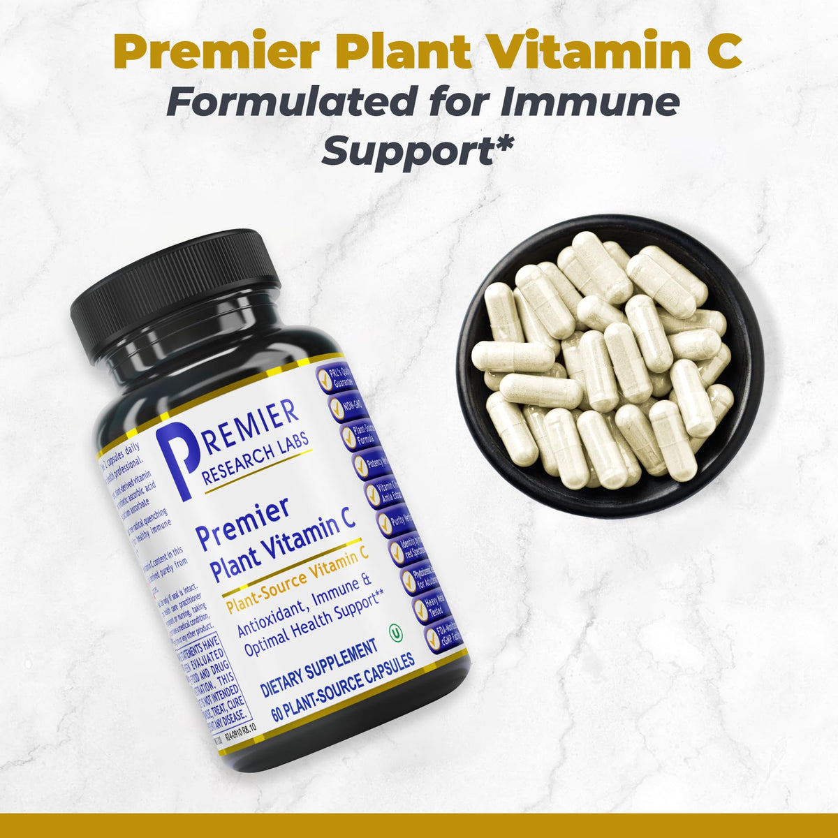 Premier Research Labs Vitamine C 60 capsules végétariennes sur fond blanc