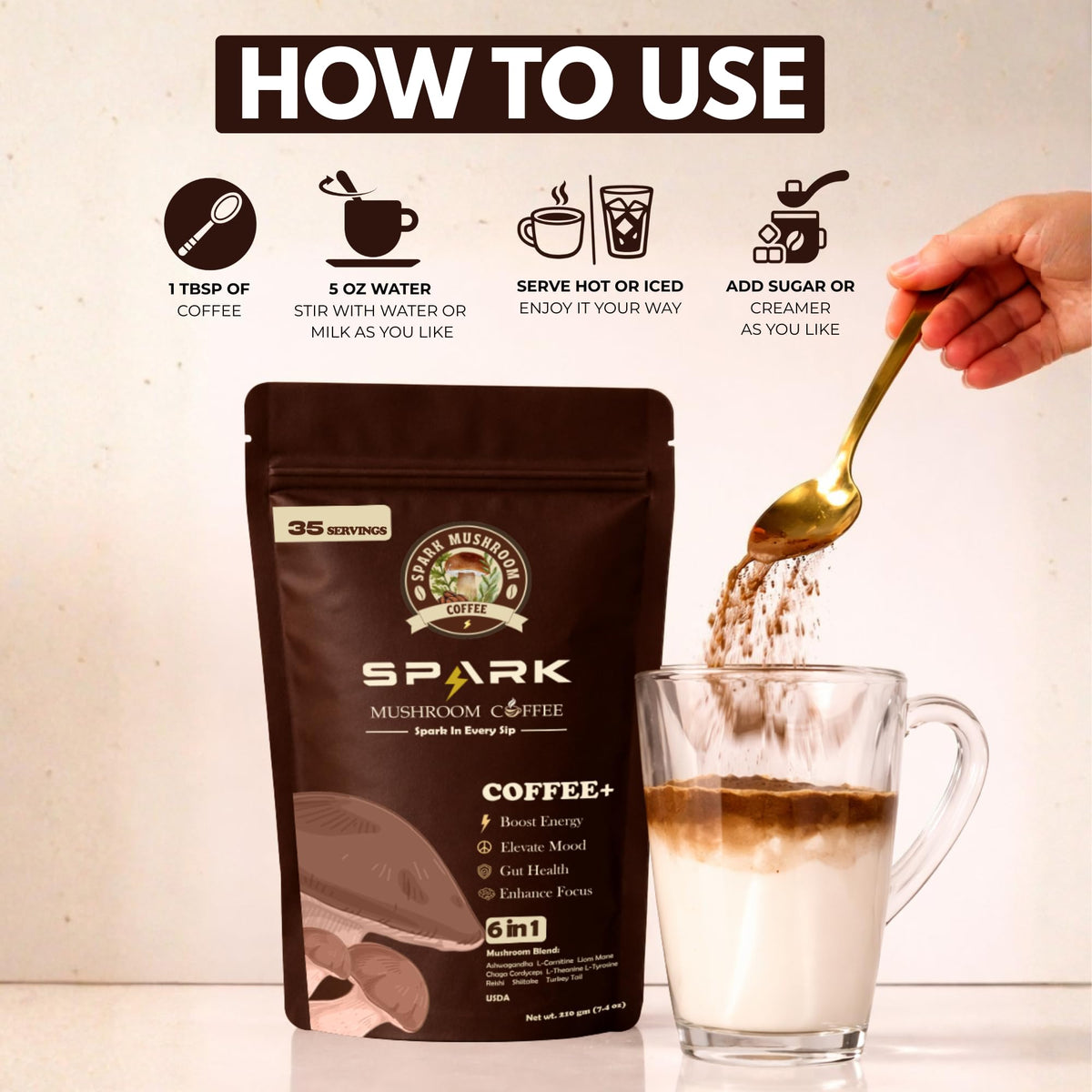 Préparation d'un latte avec Spark Mushroom Coffee