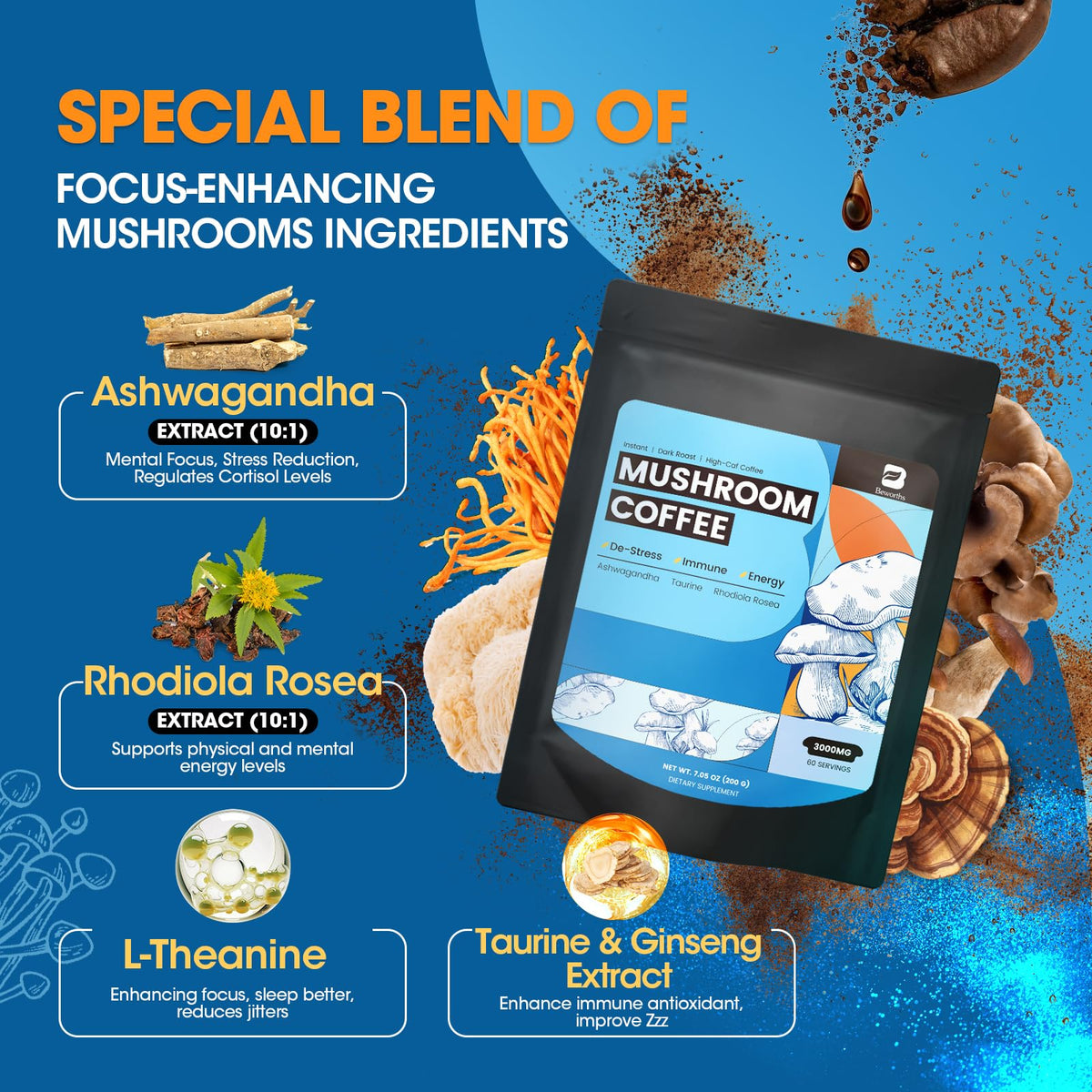 Préparation de la poudre de café aux champignons B BEWORTHS dans un smoothie
