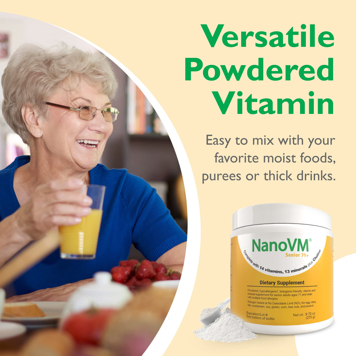 Préparation de NanoVM Senior 71+ dans un smoothie