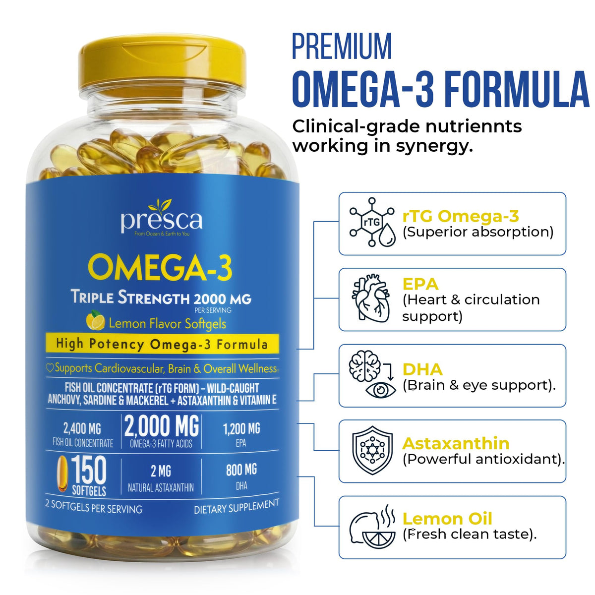 Presca Huile de Poisson Omega 3 2400mg gélules avec étiquette