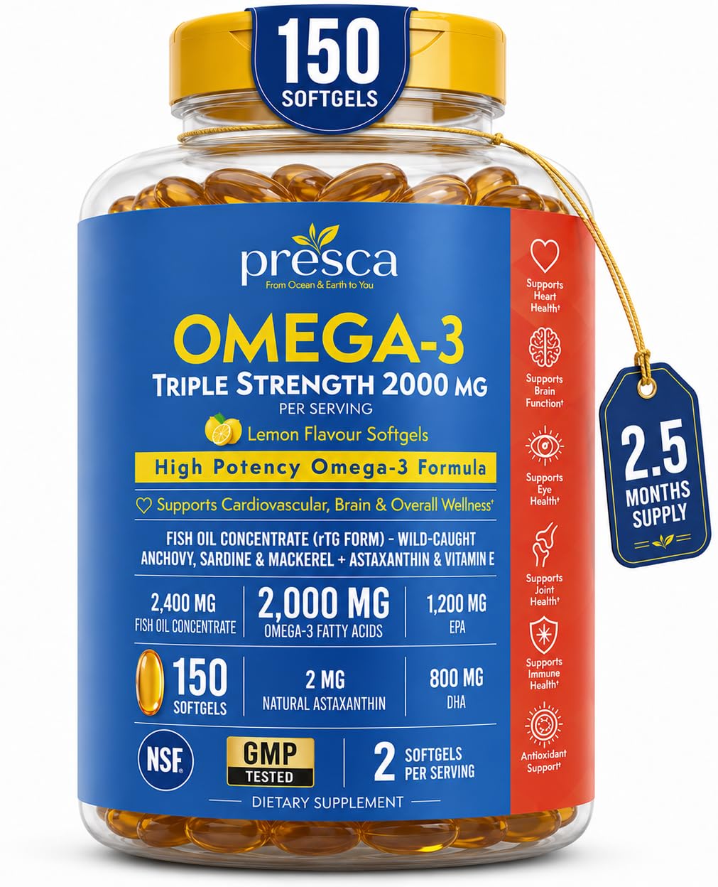 Presca Huile de Poisson Omega 3 2400mg gélules de face