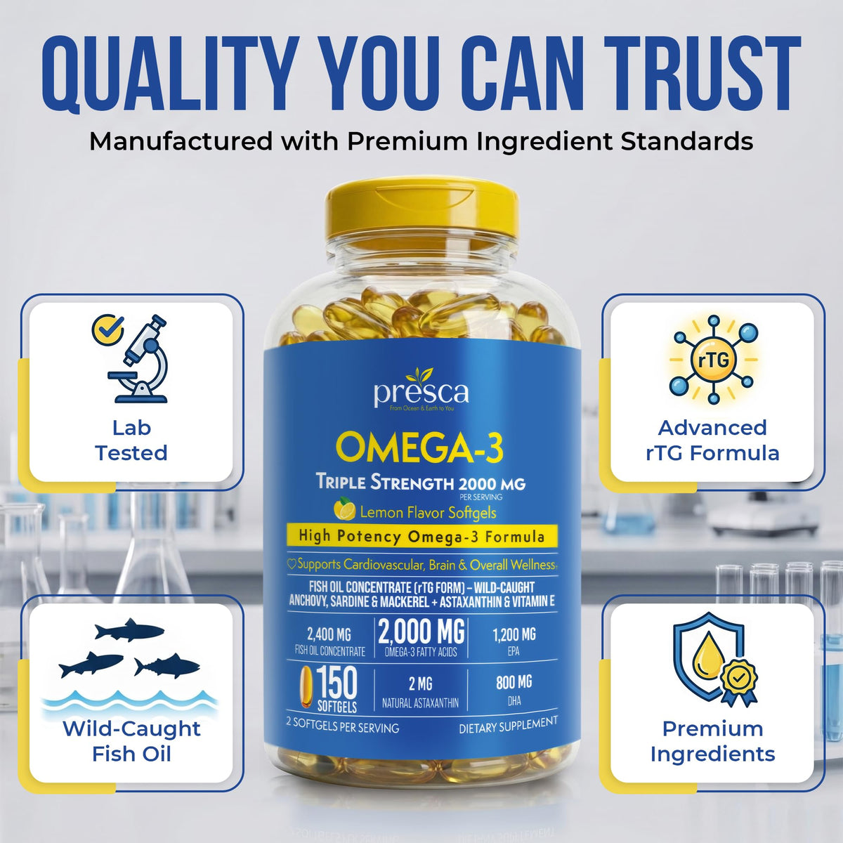 Presca Huile de Poisson Omega 3 2400mg gélules sur fond blanc