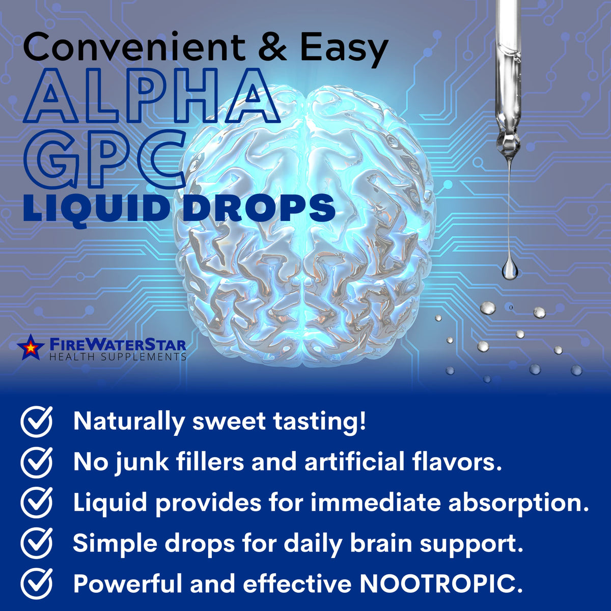 Présentation de FIREWATERSTAR Alpha GPC 300 mg sur un fond neutre