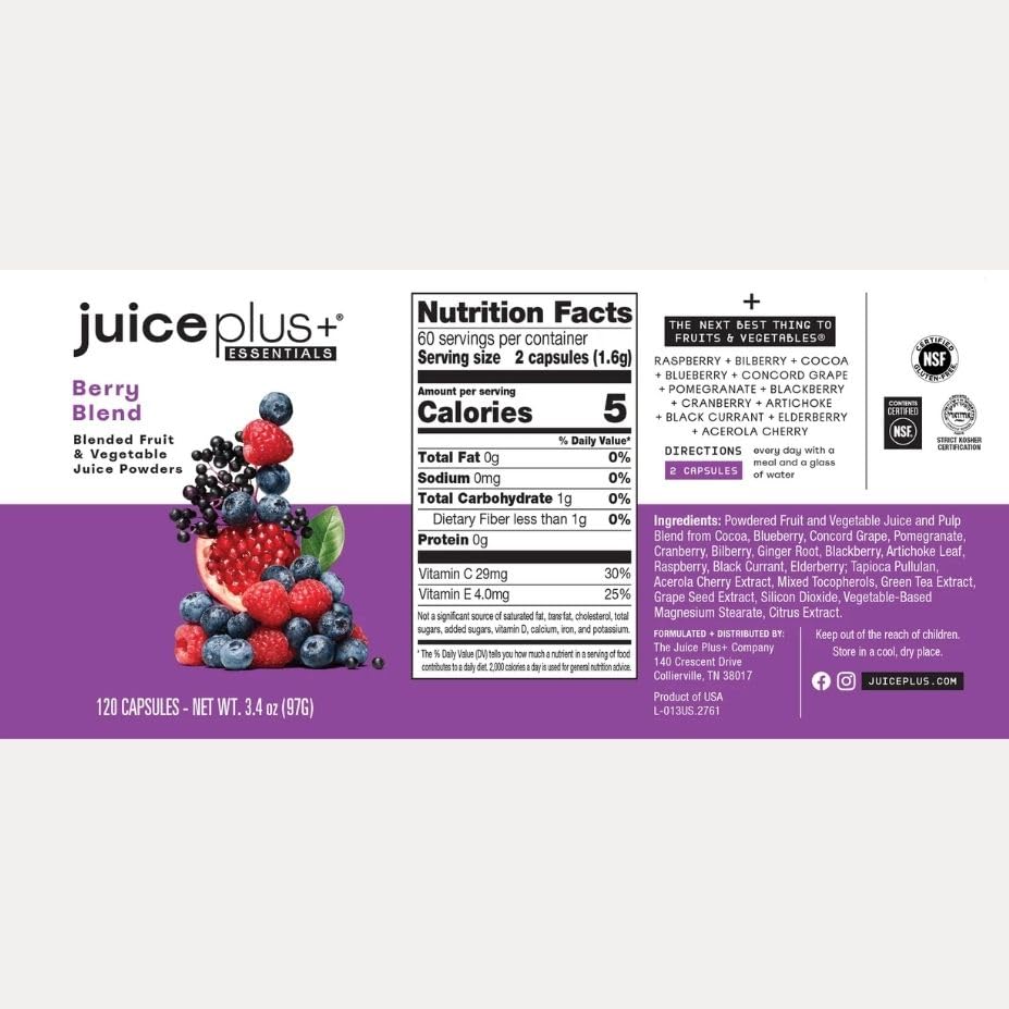 Présentation de Juice Plus+ Berry Blend avec fruits frais