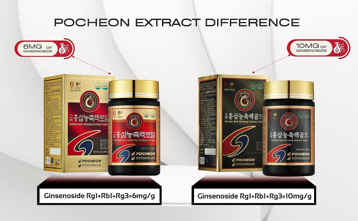Présentation de l'extrait de ginseng rouge POCHEON 240g sur une table