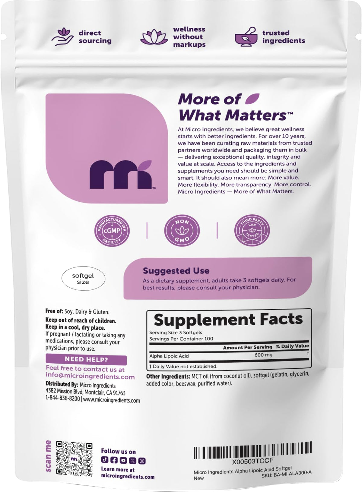 Présentation de Micro Ingredients Acide Alpha-Lipoïque 600 mg