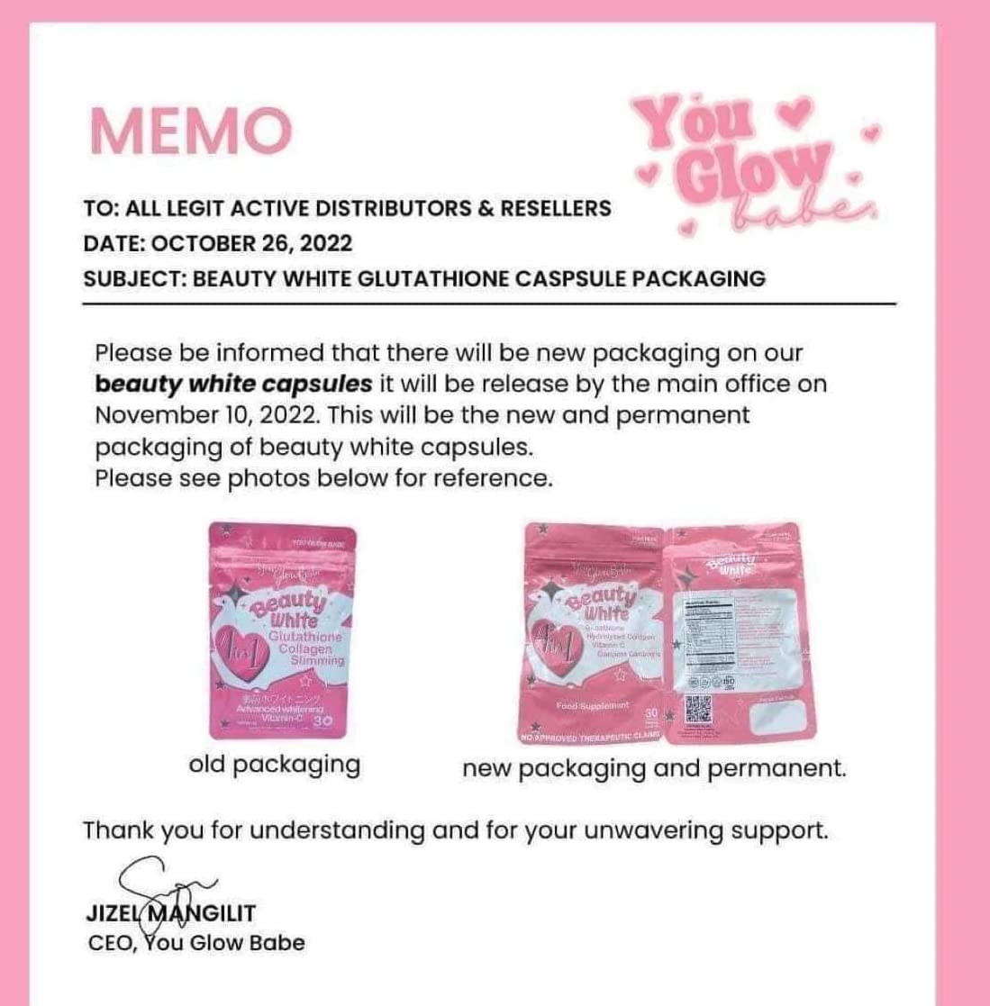 Présentation de You Glow Babe 4 en 1 Glutathione sur fond blanc