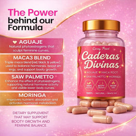 Présentation des capsules Aguaje + Maca Curvy Fruit sur un fond neutre