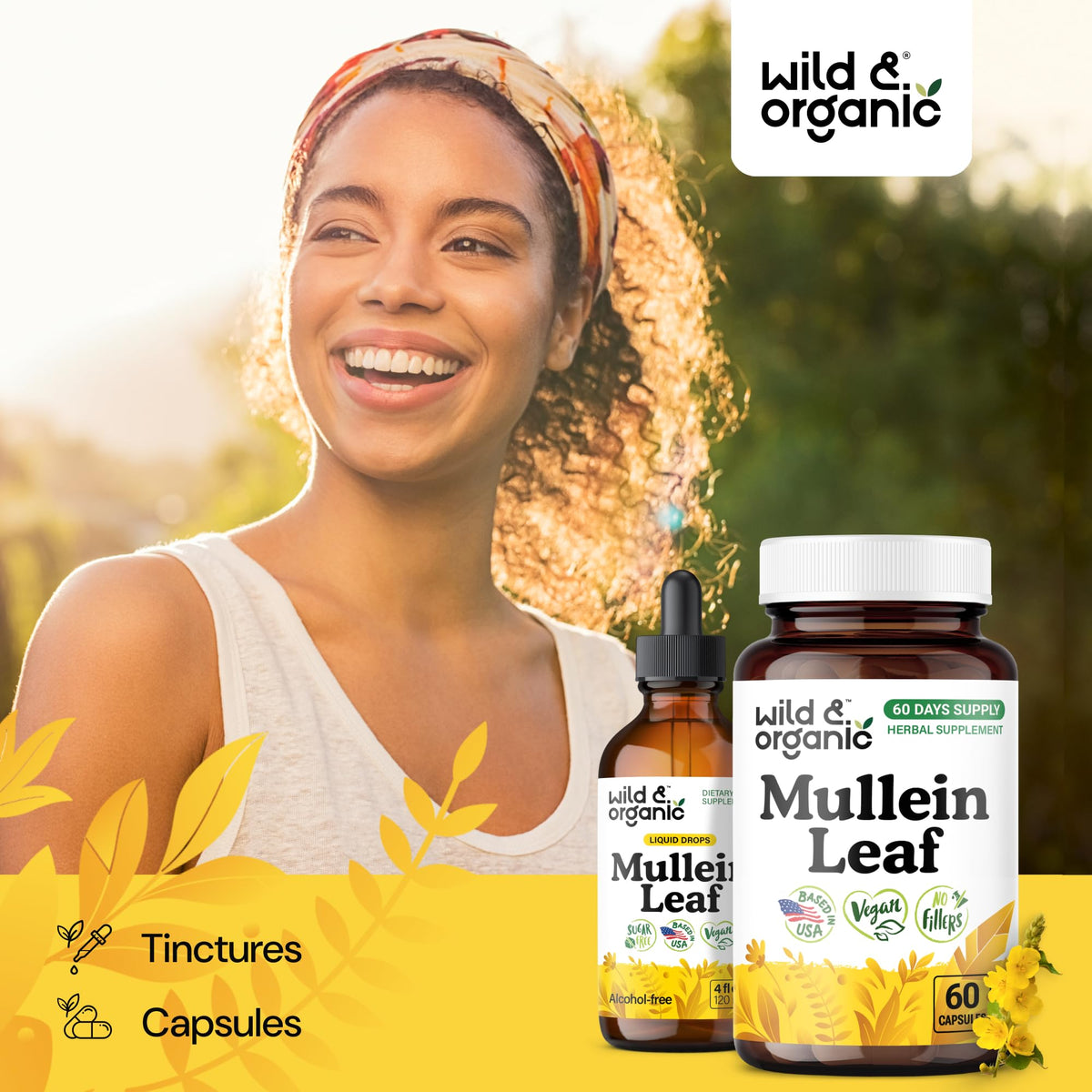 Présentation des capsules de mullein Wild & Organic sur fond neutre