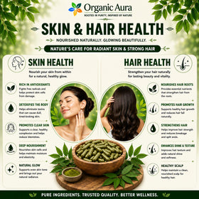 Présentation des capsules de Neem Organic Aura sur une table